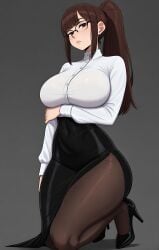 1girl 1girls ai_generated bangs big_breasts brown_eyes brown_hair buttons female female_focus female_only front_view glasses hand_under_breasts high_heels kneeling long_hair long_sleeves looking_at_viewer mrnails office_lady pantyhose ponytail shirt simple_background skirt slim_waist solo solo_female thick_thighs tight_clothing