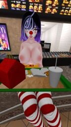 big_breasts big_tits breasts clown clown_girl clown_makeup clown_nose female female_focus female_only happy_meal heart-shaped_pupils huge_breasts huge_tits leggings looking_at_viewer mcdonald's nipples public public_nudity purple_hair queenstarvr tits tongue tongue_out topless voluptuous voluptuous_body voluptuous_female vr_media vrchat vrchat_avatar vrchat_media vrchat_model