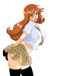 1girls auburn_hair big_breasts bleach breasts busty crop_top cropped_shirt curvy female female_only inoue_orihime long_hair looking_at_viewer midriff rozuberry school_uniform schoolgirl_uniform sexy_pose shirt skirt solo thick_thighs thighhighs tie voluptuous voluptuous_female white_background wide_hips