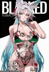 1girl ai_generated anime artist:basicallynomore blacked feixiao_(honkai:_star_rail) female honkai:_star_rail looking_at_viewer pan-african_flag_bikini pan_african_colors pubic_tattoo qos qos_tattoo queen_of_spades queen_of_spades_symbol queen_of_spades_tattoo tattoo tattoos text white_skin