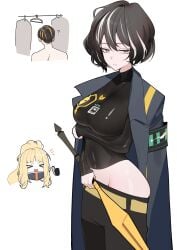 1boy 2girls black_hair breasts clothesline coat coat_on_shoulders cosplay distortion_detective ezra_(distortion_detective) female hips limbus_company male milf moses_(distortion_detective) multicolored_hair multiple_girls noto12_34 project_moon thighs vespa_(distortion_detective) weapon white_hair