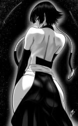 1girls ass ass_focus back_view big_ass black_and_white black_hair bleach bleach:_the_thousand-year_blood_war clothed_female curvy female female_only from_behind looking_back mostlybluewyatt shihakusho soifon solo