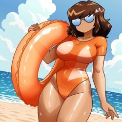 2d_(artwork) aura beach big_breasts brown_hair emotionless emotionless_female female female_only glasses human interloper_(series) mynokis5 no_genitals_shown skyghost_(interloper) solo solo_female swim_ring swimsuit