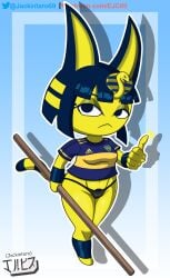 animal_crossing ankha anthro argentina blue_hair boca_juniors catgirl digital_media_(artwork) egyptian fanart feline furry independence_day_(argentina) jackintaro looking_at_viewer nintendo panties simple_background soccer_uniform thumbs_up yellow_body yellow_fur