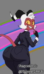 1boy 1femboy 2d ass ass_focus ass_up ass_visible_through_thighs big_ass big_butt big_butt_(male) black_suit boy demon demon_boy demon_femboy digital_drawing_(artwork) femboy helluva_boss ibispaintx looking_at_viewer moxxie_(helluva_boss) plmqaz587354 red_skin simple_background solo solo_femboy solo_male suit thick_thighs watermark white_hair yellow_eyes