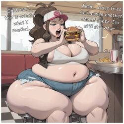 ai_generated bbw blue_eyes brown_hair ela080 fat food gigantic_ass hilda_(pokemon) huge_ass huge_belly huge_breasts nintendo overweight overweight_female pokemon weight_gain wide_hips