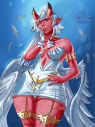 1girl akumi angel_wings artist_name bare_shoulders bird breasts cleavage dove feathered_wings feathers hand_on_hip horns indie_virtual_youtuber large_breasts long_hair looking_at_viewer pointy_ears red_skin signature sky solo thigh_gap thighhighs virtual_youtuber vyugen white_feathers white_hair white_wings wings