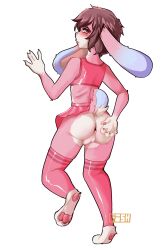 anthro anus backsack balls butt cheerleader cheerleader_outfit clothing fishoncrack genitals hi_res lagomorph leporid looking_back male mammal rabbit