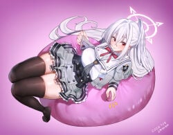 1girl big_breasts blue_archive long_hair mole_under_eye red_eyes shangdi_de_fa_zhang skirt solo solo_female suzumi_(blue_archive) thick_thighs thighhighs white_hair