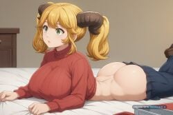 1girl ai_assisted ai_generated ass big_ass big_breasts big_butt big_tits busty curvy cute fat_ass green_eyes hair_pull horns huge_ass huge_breasts large_ass large_breasts long_skirt massive_breasts narrow_waist nipples nude pleated_skirt red_sweater slim_waist thick_ass thick_thighs turtleneck twintails wide_hips
