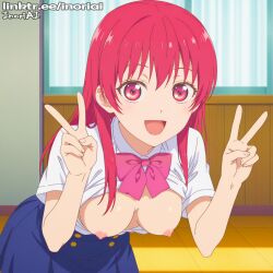 ai_assisted blue_skirt breasts inoriai kanojo_mo_kanojo nipples red_eyes red_hair saki_saki_(kanojo_mo_kanojo) v white_shirt