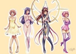 4girls blue_eyes blush bodysuit breasts brown_hair closed_eyes collar cosplay crazy doki_doki_literature_club dress exposed_breasts exposed_pussy female female_only flower flower_in_hair flustered frilled_dress green_eyes grin grinning grinning_at_viewer hana_(me!me!me!) hana_(me!me!me!)_(cosplay) high_heels holding_mask holding_object horns long_horns looking_at_viewer mask me!me!me! monika_(doki_doki_literature_club) multiple_girls natsuki_(doki_doki_literature_club) nipple_chain nipple_piercing nipples nipples_to_collar on_toes open_mouth orange_hair pierced_nipples pink_dress pink_eyes pink_hair pink_nipples purple_eyes purple_hair red_ribbons sayori_(doki_doki_literature_club) short_dress smiling smiling_at_viewer staring_at_viewer teeth teeth_showing teeth_visible tetisuka tiptoes yandere yellow_background yellow_dress yuri_(doki_doki_literature_club)