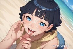 1girl ai_assisted ai_generated awaiting_cum beach black_hair blue_eyes cityscape cum_in_hair cum_on_face cum_on_hands dutch_angle facial_mark fellatio_gesture full_body hood_down kneeling looking_at_viewer naked open_mouth oral_invitation outdoors smile source_anime tongue_out uzumaki_naruto view_from_above whisker_markings
