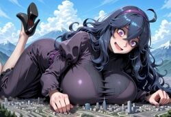 ai_generated city giantess hex_maniac high_heels laying_on_stomach macro pokemon