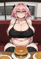 ai_generated astolfo_(fate) belly busty_male chubby chubby_femboy crop_top fate/apocrypha fate_(series) femboy food huge_breasts jessicabreas male_with_breasts midriff pink_eyes pink_hair plump short_shorts solo thick_thighs weight_gain wide_hips