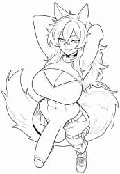 abs ai_edit boob_window bushy_tail choker coloring_page futanari glooz large_breasts large_penis muscular_futa pants_open smirk wolf_girl