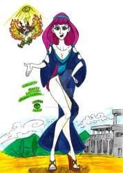 blue_clothing breasts cassandra cassandra_(hercules) greek_clothes hercules_(disney) icarus_(hercules) long_hair pink_hair pussy revealing_clothes smile smiling smug smug_face sun thighs wings