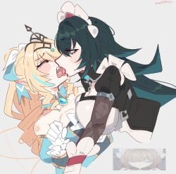 2girls bangs big_breasts blonde_hair blush breast_size_difference breast_to_breast breastmogging breasts_bigger_than_head character_request curls danica_(genshin_impact) embarrassed fancy_clothing female/female fully_clothed fully_clothed_female genshin_impact green_hair kissing large_breasts long_hair long_ponytail maid maid_headdress ponytail sloppy sloppy_kiss small_breasts sweatdrop sweating unfamousradish