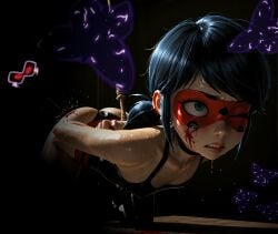 ai_art ai_generated bdsm bdsm_harness blood_on_face blood_splatter bondage bondage_harness butterfly buttocks choker covered_nipples ladybug_(character) latex_clothing marinette_dupain-cheng neckline pain saliva shiny_skin sweat table teeth teeth_clenched thigh_high_stockings thighhighs torture underwear