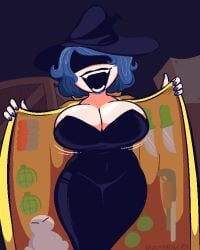artist_request blue_hair breasts cleavage cordelia_valentine dead_estate dress fangs hat large_breasts lipstick navel open_clothes short_hair slim_waist smile tagme tagme_(artist) thick_thighs tight_clothing voluptuous wide_hips witch witch_hat