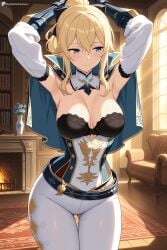 1girl ai_generated armpits arms_behind_head arms_up ass_visible_through_thighs belt black_bra blonde_hair blue_capelet blue_eyes blush bookshelf bow bra breasts capelet cleavage closed_mouth corset couch cowboy_shot detached_collar detached_sleeves digitalwaifugallery fireplace flower gauntlets genshin_impact hair_between_eyes hair_bow hi_res high_quality high_resolution indoors jean_gunnhildr large_breasts long_hair looking_to_the_side pants patreon ponytail seductive sexy sidelocks solo strapless thigh_gap thighs tight_clothes tight_pants uncensored underwear watermark white_pants window