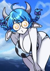 1girls ahoge cow_print cow_print_bikini deep_cleavage female female_focus female_only indie_virtual_youtuber leaning_forward nerdy_female pigtails solo solo_female solo_focus virtual_youtuber white_body white_skin yomi_quinnley