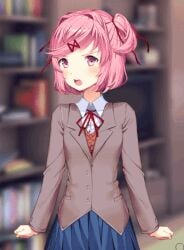 1girls accurate_art_style angry angry_face angry_look animated blue_skirt bow bow_panties breasts ddlc_background doki_doki_literature_club erase erase_clothes female female_only hair_intakes looking_at_viewer mouth_open natsuki_(doki_doki_literature_club) open_mouth panties pink_eyes pink_hair pink_panties school_uniform schoolgirl simple_gif skirt solo sprite_edit standing teeth teeth_showing teeth_visible uniform