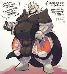 aggron anthro armor balls belly big_balls big_belly big_penis black_body black_sclera blue_eyes bodily_fluids body_hair booneyard boots bottomwear bottomwear_down bottomwear_pull bracelet breath burkhard_(booneyard) chain_necklace chest_hair clothed clothing clothing_pull cuff_(restraint) dressing english_text facial_hair fangs flaccid flustered footwear front_view generation_3_pokemon genitals glans gloves goatee handcuffs handwear hi_res horn huge_balls humanoid_genitalia humanoid_penis jewelry long_tail male metal_cuffs moobs musky_balls musky_penis navel necklace nintendo open_mouth overweight overweight_male pants pants_down pants_pull partially_clothed pecs penis pokemon pokemon_(species) pubes restraints scrotum_flap shoes shorts simple_background solo sound_effects speech_bubble spikes standing sweat sweatdrop sweaty_balls sweaty_genitalia tail talking_to_viewer teeth text text_on_bottomwear text_on_clothing