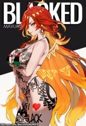1girl ai_generated anime artist:basicallynomore blacked female genshin_impact looking_at_viewer mavuika_(genshin_impact) pan-african_flag_bikini pan_african_colors pubic_tattoo qos qos_tattoo queen_of_spades queen_of_spades_symbol queen_of_spades_tattoo tattoo tattoos text white_skin