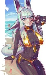 1girl animal_ears bangs beach bikini blue_eyes blunt_bangs breasts dya_rikku_(vtuber) indie_virtual_youtuber long_hair looking_at_viewer navel ocean side-tie_bikini signature smile solo swimsuit tail virtual_youtuber vyugen