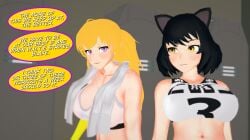 2girls arrancon black_hair black_hair_female blake_belladonna blonde_female blonde_hair canon_couple cat_ears faunus gym_clothes gym_shorts gym_uniform long_hair long_hair_female ponytail purple_eyes robotic_arm rwby sweaty_body towel_around_neck yang_xiao_long yellow_eyes