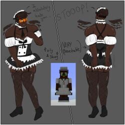 1boy angry black_body black_male blush blushing curly_hair dark-skinned_male dark_hair dark_skin doni_bobes dress_pull embarrassed english_text fishnets green_eyes hiding_penis humiliation maid maid_dress maid_headdress maid_outfit maid_uniform male male_focus male_only mcyt minecraft minecraft_youtubers pulling_clothing shiny_skin short_dress stockings too_small_clothes very_short_dress what youtuber youtuber_sona