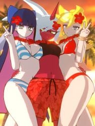 3d 3d_animation 3d_model 3girls bikini black_hair blonde_hair blue_eyes blue_hair bow breasts demon demon_girl demon_horns flower flower_in_hair glasses hand_on_hip kneesocks_daemon large_breasts long_hair looking_at_viewer looking_away navel panty_&_stocking_with_garterbelt panty_anarchy peace_sign posing posing_for_the_viewer red_body shorts slim_waist snoopsnsfw stocking_anarchy tagme thick_thighs tied_hair topwear video voluptuous wide_hips yellow_eyes