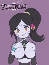 1girl 2026 ai ai_art ai_generated breasts canal_5 catalina_la_catrina colored_skin cosplay football football_uniform hair_ornament inazuma_eleven inazuma_eleven_(series) kukun_2000 latina latina_female looking_at_viewer pointing_at_self ponytail simple_background smile smiling smiling_at_viewer soccer soccer_uniform solo solo_female televisa upper_body urubida_(cosplay)