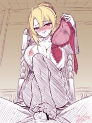 1boy 1girls angelica_rapha_redgrave big_breasts blush bra breasts cum cum_on_feet feet female footjob looking_at_viewer male nipples otome_game_sekai_wa_mob_ni_kibishii_sekai_desu pantyhose penis yamu_(reverse_noise)