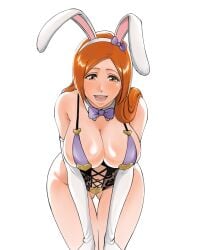 1girls auburn_hair big_breasts bleach breasts bunny_ears bunny_girl bunnysuit busty curvy female female_only inoue_orihime leaning_forward long_hair looking_at_viewer rozuberry skimpy skimpy_outfit smile solo thick_thighs voluptuous voluptuous_female white_background wide_hips