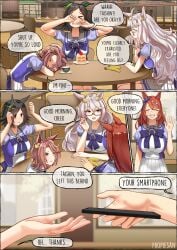 >_< 4girls ahoge animal_ears ashenmash banana biwa_hayahide_(umamusume) blue_eyes brown_hair cake closed_eyes comic commentary cup ear_ornament english_commentary english_text food fruit glasses grey_hair highres horse_ears horse_girl implied_yuri long_hair multiple_girls narita_taishin_(umamusume) purple_shirt red_eyes round_table sailor_collar saucer school_uniform shirt short_hair sitting skirt summer_uniform super_creek_(umamusume) table teacup tracen_school_uniform umamusume umamusume_pretty_derby white_sailor_collar white_skirt winning_ticket_(umamusume)