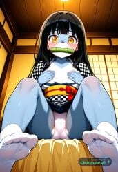 1girl ai_assisted ai_generated anime_screenshot anime_style bamboo bedroom bit_gag black_hair blue_fur blushing checkered_sash cute female flat_chest foot_fetish gag gagged hand_on_breast haori high_detail highres japanese_clothes kimono long_hair low_angle mouth_hold obi parody perfect_anatomy raven_hunt sash sitting_on_bed style_parody upper_body upskirt viewer_pov white_panties yellow_eyes