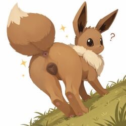 2026 ? ai_generated anatomically_correct anatomically_correct_genitalia animal_genitalia animal_pussy anus brown_body brown_fur brown_pussy bushy_tail canine_genitalia canine_pussy confusion eevee female feral fur game_freak generation_1_pokemon genitals grass hi_res looking_back neck_tuft nintendo pink_anus plant pleasedontlook pokemon pokemon_(species) pussy question_mark raised_tail shaded simple_background simple_eyes simple_shading solo sparkles tagme tail tail_anus tuft white_background
