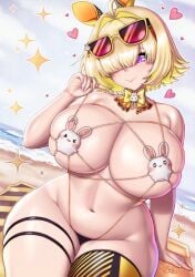 alternate_costume arm_at_side beach beach_mat bikini blush curvy elegg_(nikke) goddess_of_victory:_nikke huge_breasts mat one_arm_up pink_nails plump sevie sitting slightly_chubby smile voluptuous