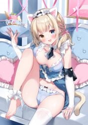 1girl blonde_hair blush bra braided_hair breasts breasts_out cameltoe cat_ears cat_girl cat_tail catgirl collar couch detached_collar detached_sleeves hair_ribbon hairband headband highres irori large_breasts maid maid_apron maid_headdress maid_outfit maid_uniform medium_hair multicolored_hair nekomimi on_couch open_shirt original panties pillow pink_hair sitting sitting_on_couch skirt_lift stockings straight_hair thighhighs twin_braids