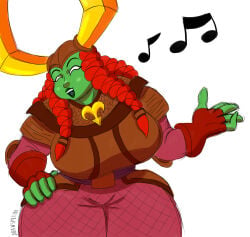 1girls big_breasts braided_hair breasts clothed drawsputin female fully_clothed green_skin head_rush_(skylanders) humanoid musical_note skylanders skylanders:_trap_team smiling tagme valkyrie viking viking_female viking_helmet white_background wide_hips