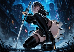 1girl ai_assisted ai_generated ass bangs black_dress black_footwear black_hair black_legwear boots breasts building city cityscape curvaceous curvy curvy_female curvy_figure dress female from_below hairband high_heel_boots high_heels holding holding_sword holding_weapon hololive hololive_english katana large_breasts long_hair long_sleeves looking_at_viewer miyuai night outdoors shiori_novella sky skyscraper solo squatting sword thick thick_ass thick_butt thick_hips thick_legs thick_thighs thigh_boots thighhighs thighhighs_under_boots voluptuous voluptuous_female weapon wide_hips wide_thighs yellow_eyes