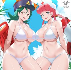 2022 2girls absurd_res alternate_breast_size beach bikini blue_eyes breasts brown_hair cleavage female female_only floatie g-string green_eyes hips huge_breasts kaos_art nintendo nurse nurse_cap nurse_joy nurse_outfit nurse_uniform officer_jenny_(pokemon) outdoors pink_hair pokemon pokemon_(anime) police slim_waist thick_thighs thighs thong white_bikini white_g-string white_thong wide_hips