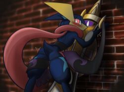 aegislash against_surface against_wall ambiguous_gender amphibian anthro anus black_sclera blue_body blurred_background blush brick brick_wall duo frog genitals ghost greninja hand_on_penis handjob hi_res lewdaesthetics long_tongue male male/ambiguous melee_weapon nintendo on_model penile penis pink_eyes pinned pinned_to_wall pokémon_(species) pokemon pokemon_(species) purple_eyes red_background sex short_tail simple_background spirit sword tongue video_games wall_(structure) weapon