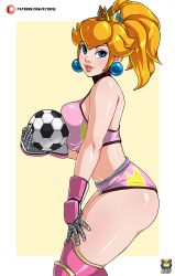 1girls arched_back ass ass_out athletic athletic_female blonde_hair blue_eyes booty_shorts breast_press breast_squeeze breasts bubble_ass bubble_butt butt_cheeks choker clothed clothing covered_breasts crop_top crown daisy_dukes earrings female female_only football football_(ball) football_player football_uniform gloves hand_on_own_thigh hotpants kyoffie large_breasts light-skinned_female light_skin looking_at_viewer mario_(series) mario_strikers midriff midriff_baring_shirt navel nintendo pearl_earrings pink_clothing pink_crop_top pink_shirt pink_shorts pink_topwear plump_lips ponytail pose posing princess princess_peach seductive seductive_pose short_shorts shorts sleeveless sleeveless_shirt solo solo_female solo_focus sports sports_bikini sports_bra sports_shorts sports_uniform sportswear thick_thighs thighhigh_boots tight_shorts