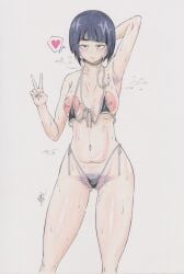 1girls @gi armpit_hair armpits artist_signature ass_visible_through_thighs big_areola bikini bikini_top_removed black_eyes blue_hair breasts collarbone eyebrows eyelashes female female_only hand_behind_head heart jack_plug kyoka_jiro my_hero_academia navel nipples peace_sign pubic_hair puffy_areola short_hair standing steam steaming_body string_bikini sweat sweatdrop sweating thick_eyebrows thick_thighs thighs white_background