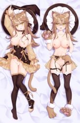 animal_ear_fluff animal_ears animal_hands arm_up bangs bar_censor bed_sheet black_dress black_headwear black_legwear black_panties blush breasts brown_eyes brown_footwear brown_gloves brown_hair cat_ears cat_girl cat_tail censored clothes_lift clothes_pull dakimakura_(medium) dress dress_lift dress_pull fangs female frilled_dress frills fur-trimmed_gloves fur_trim gloves groin hair_between_eyes hairband hat long_hair long_sleeves lying medium_breasts multiple_views nipples on_back original panties panty_pull parted_lips paw_gloves paw_shoes paws poppy_(poppykakaka) puffy_long_sleeves puffy_sleeves shoes single_shoe sleeves_past_wrists tail thighhighs topless underwear underwear_only very_long_hair white_hairband witch_hat