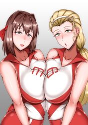 2girls blonde_hair breast_squish breasts breasts_frottage brown_eyes brown_hair curvaceous curvy girls_und_panzer green_eyes gym_uniform hairband huge_breasts kondou_taeko long_hair looking_at_viewer mature_female milf multiple_girls plump plump_ass pressing_breasts_together puni2brain sasaki_akebi short_hair smile sports_uniform sportswear symmetrical_docking volleyball_uniform voluptuous