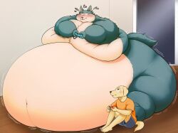 anthro ass beastars belly big_belly big_butt canid canine canis domestic_dog duo hi_res huge_butt hyper hyper_belly immobile jack_(beastars) legoshi_(beastars) male mammal moobs morbidly_obese obese overweight senakun0530 sitting thick_thighs wolf